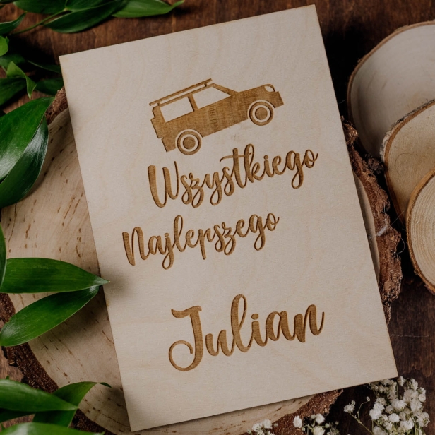Drewniana Kartka na urodziny - Samochód