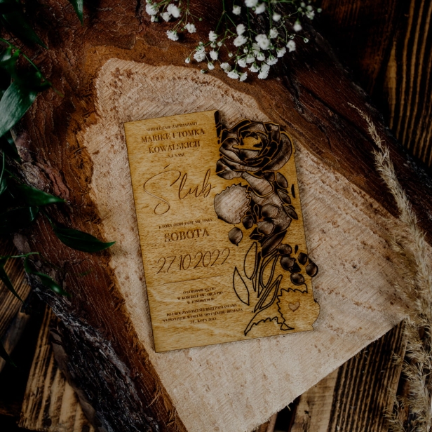 Drewniane zaproszenie na ślub wesele