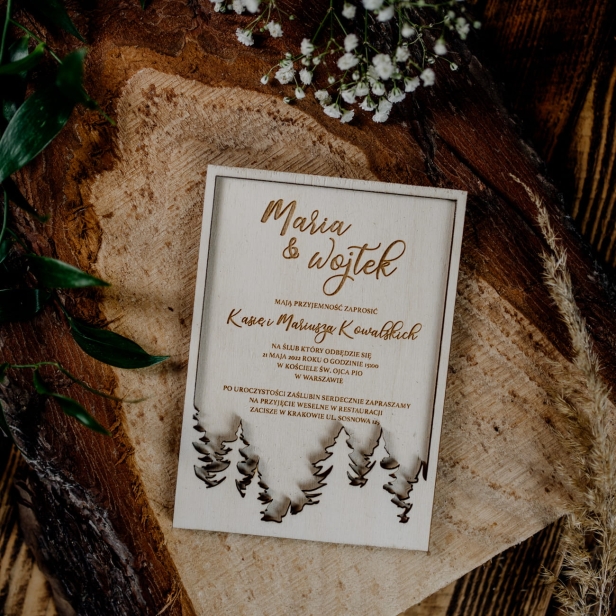 Drewniane zaproszenie na ślub wesele