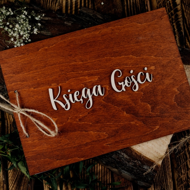 Drewniana rustykalna boho Księga Gości kolor tik na ślub wesele