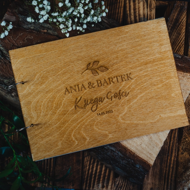 Drewniana Księga Gości Liść kolor dąb na Ślub Wesele do wpisów