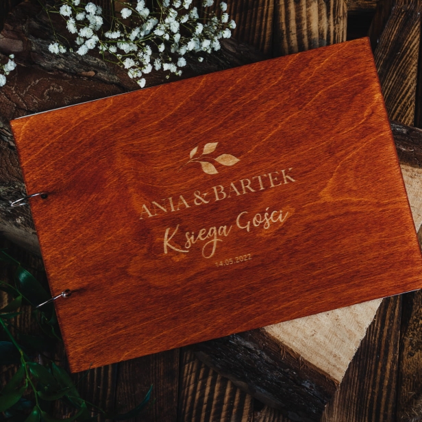 Drewniana Księga Gości Liść kolor tik na Ślub Wesele do wpisów