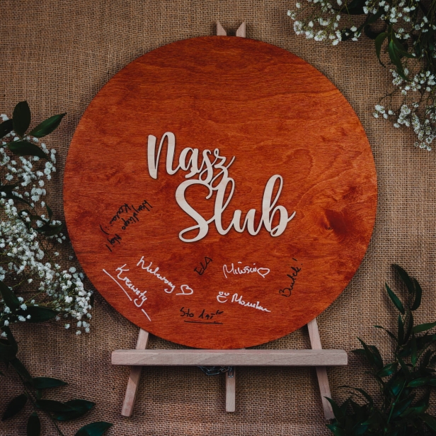 Drewniana rustykalna boho Księga Gości koło kolor tik na ślub wesele