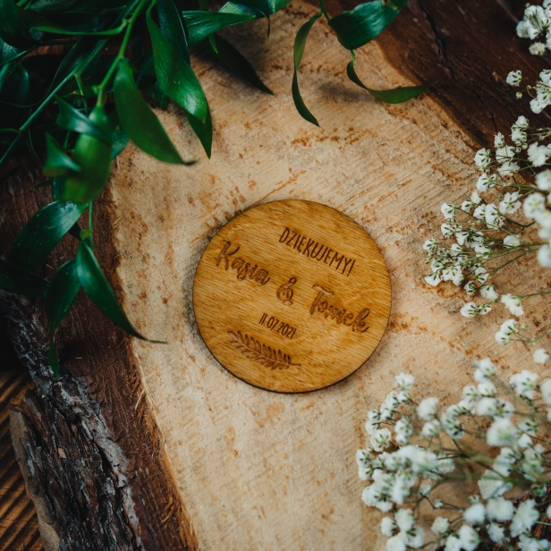 Drewniany magnes ślubny podziękowanie dla gości ślub boho rustykalny