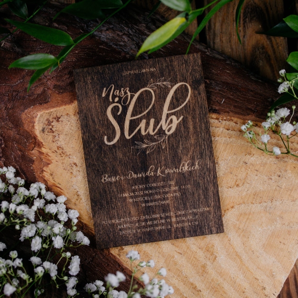 Drewniane zaproszenie na ślub wesele