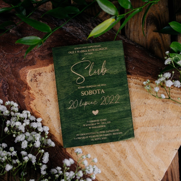 Drewniane zaproszenie serce zaproszenia ślubne