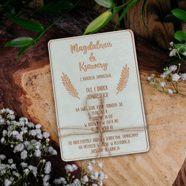Drewniane zaproszenie na ślub wesele